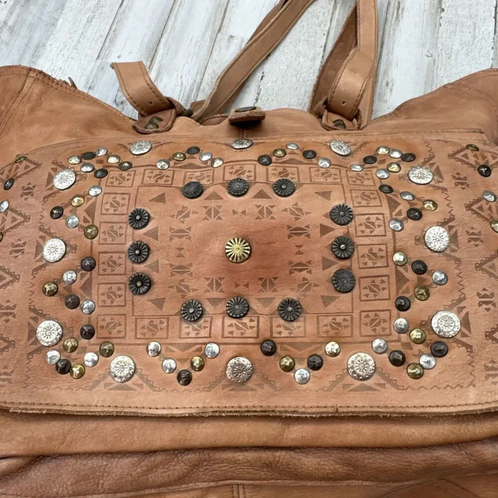 Viola Castellani Italy Leather Studded￼Slouchy Shoulder Bag Purse Cognac Tan￼